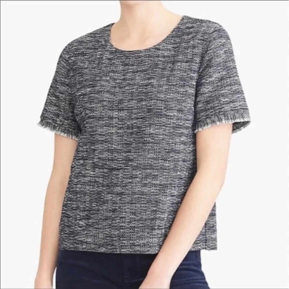 J Crew Navy Blue & White Tweed Top w/ Frayed Sleeves Women’s Size XS